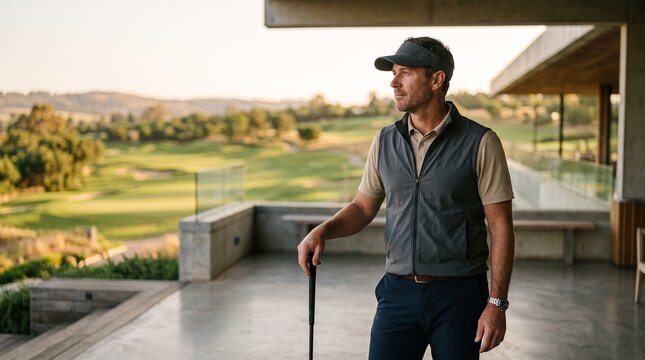 Middle-aged man in vest holding golf club on patio overlooking course