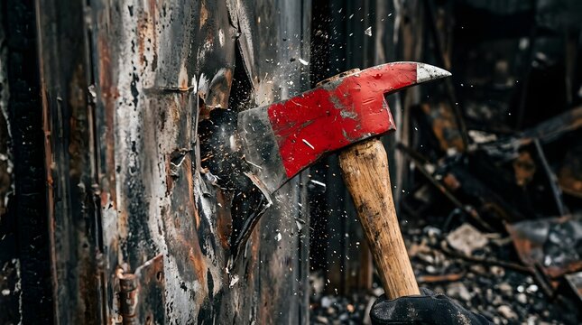 Red firefighter axe breaking through a burnt charred wooden door at a structural fire disaster