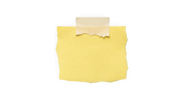 Yellow sticky note with torn edges and tape, isolated on transparent background