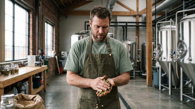 Male brewer inspecting fresh hops in craft brewery