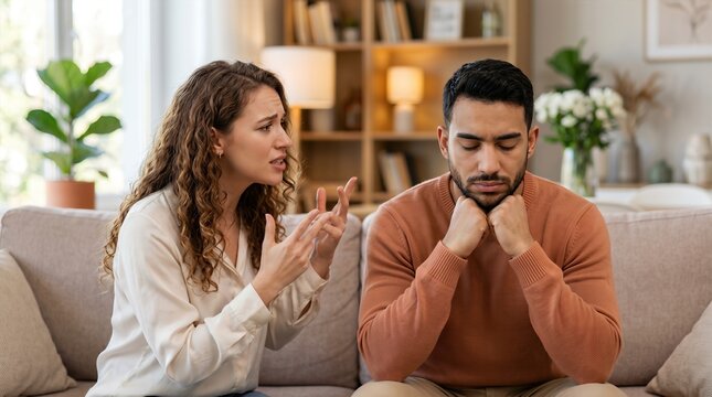Woman speaking to husband with concern while seated on a couch in a modern living room, decorative plants and shelves visible in the background