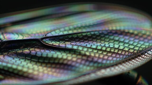 Macro photography captures the iridescent wing of an insect.