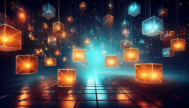 illuminated geometric cubes suspended in a dark sparkling atmosphere