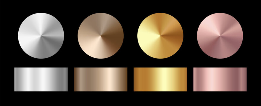 Gold rose, silver, bronze and golden gradation background set. Vector shiny foil conical textures. Metalic gradient collection for border, frame, label, sticker design