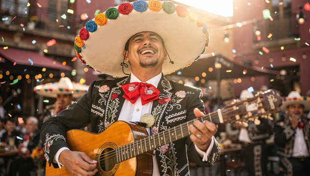 Joyful mariachi musician singing and playing guitar in traditional charro suit and sombrero during a colorful Mexican celebration with confetti and crowd.