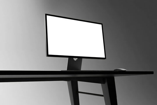 Quarter view of desktop computer monitor mockup with blank white screen on black wooden table