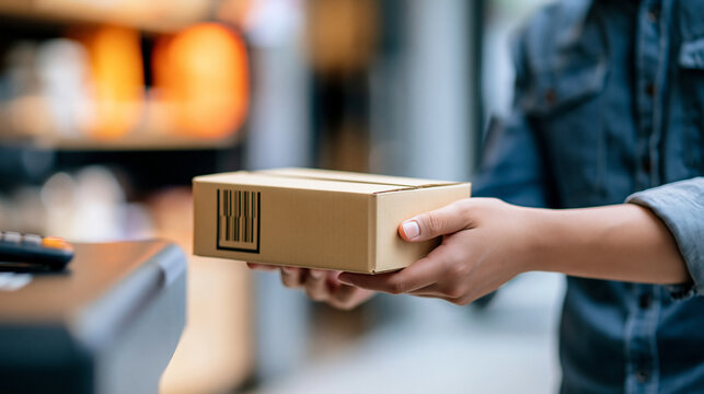 Faceless customer dropping off a return parcel at a collection point in a retail store, reverse logistics and e-commerce returns concept, defocused retail store in background,