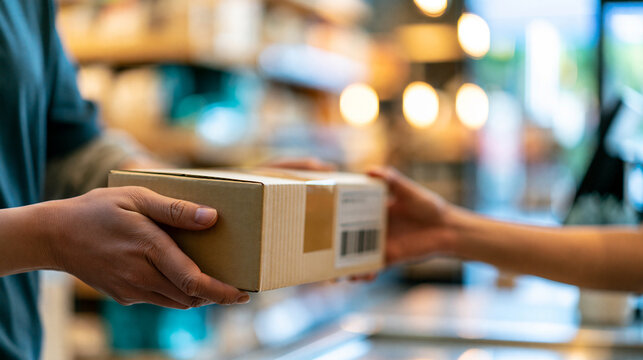 Faceless customer dropping off a return parcel at a collection point in a retail store, reverse logistics and e-commerce returns concept, defocused retail store in background,
