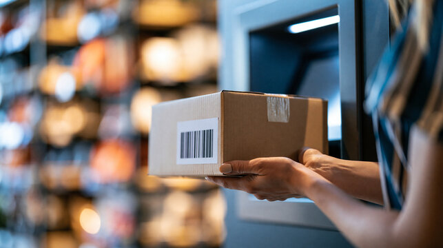 Faceless customer dropping off a return parcel at a collection point in a retail store, reverse logistics and e-commerce returns concept, defocused retail store in background,