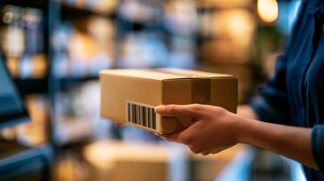 Faceless customer dropping off a return parcel at a collection point in a retail store, reverse logistics and e-commerce returns concept, defocused retail store in background,