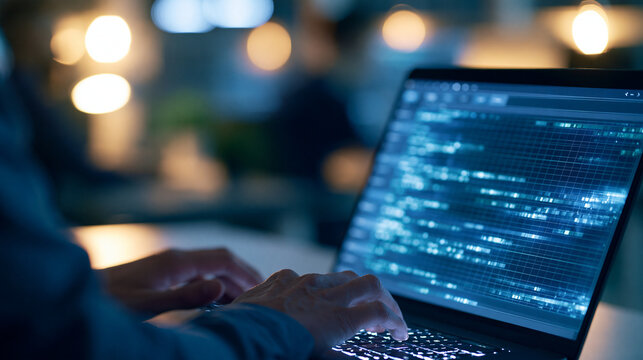 Faceless logistics technology developer working on a route optimization algorithm on a laptop, digital supply chain innovation, defocused tech office in background, route