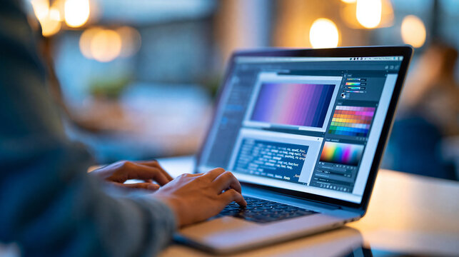 Faceless creative professional building their personal brand website on a laptop, design tools and fonts visible on screen, defocused bright workspace in background, personal