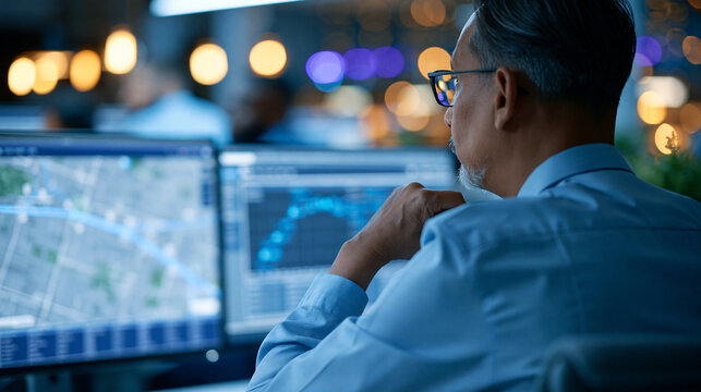 Faceless fleet manager monitoring GPS vehicle tracking data on a wall-mounted screen in a dispatch center, logistics fleet management concept, defocused dispatch center in