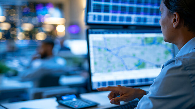 Faceless fleet manager monitoring GPS vehicle tracking data on a wall-mounted screen in a dispatch center, logistics fleet management concept, defocused dispatch center in