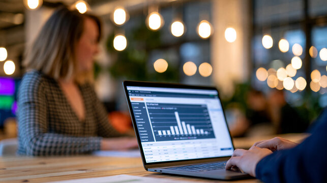 Faceless performance marketer reviewing cost-per-click and return on ad spend data on a laptop, paid media analytics visible, defocused modern office in background, paid media
