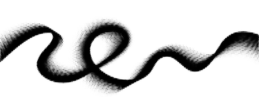 Monochrome halftone dotted illustration, abstract dynamic wave, ribbon pattern. Curved line with halftone effect, flud design. Vector minimalist background. Overlay template. Vector