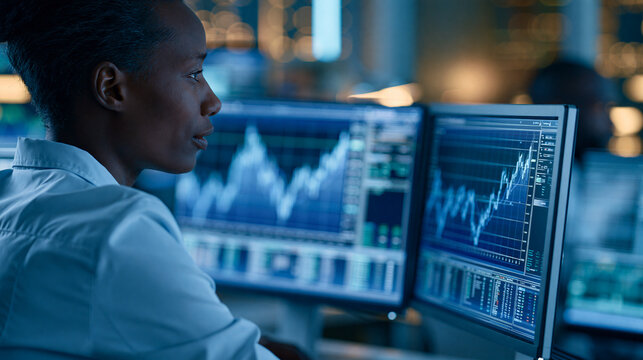 Faceless financial analyst reviewing AI-generated investment recommendations on a dual monitor setup in a modern trading office, defocused trading office in background, AI