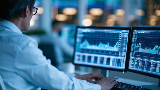Faceless financial analyst reviewing AI-generated investment recommendations on a dual monitor setup in a modern trading office, defocused trading office in background, AI