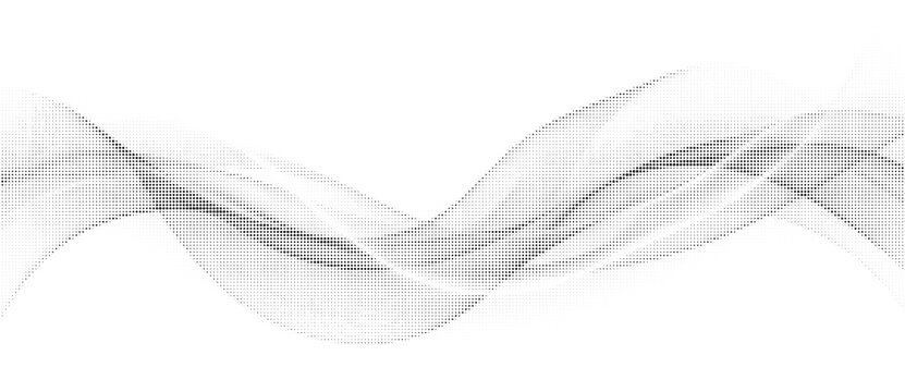 Monochrome halftone dotted illustration, abstract dynamic wave, ribbon pattern. Curved line with halftone effect, flud design. Vector minimalist background. Overlay template. Vector