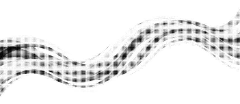 Monochrome halftone dotted illustration, abstract dynamic wave, ribbon pattern. Curved line with halftone effect, flud design. Vector minimalist background. Overlay template. Vector