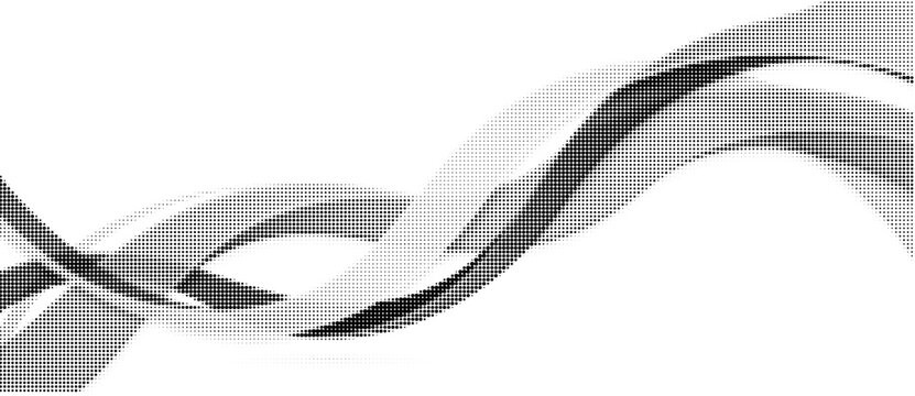 Monochrome halftone dotted illustration, abstract dynamic wave, ribbon pattern. Curved line with halftone effect, flud design. Vector minimalist background. Overlay template. Vector