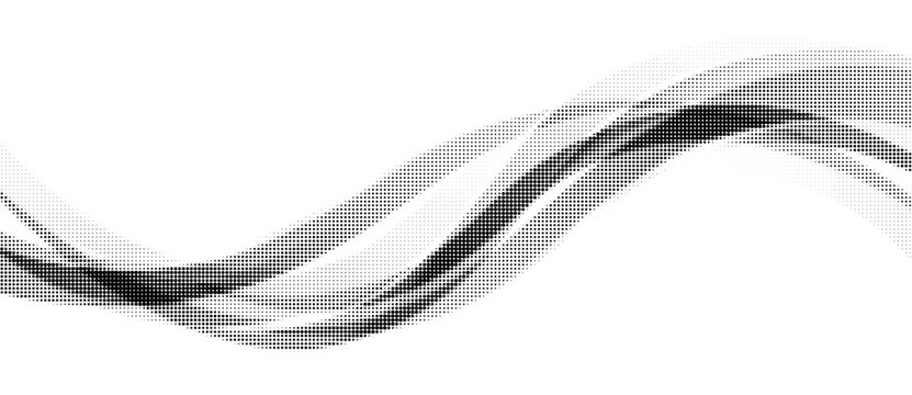 Monochrome halftone dotted illustration, abstract dynamic wave, ribbon pattern. Curved line with halftone effect, flud design. Vector minimalist background. Overlay template. Vector