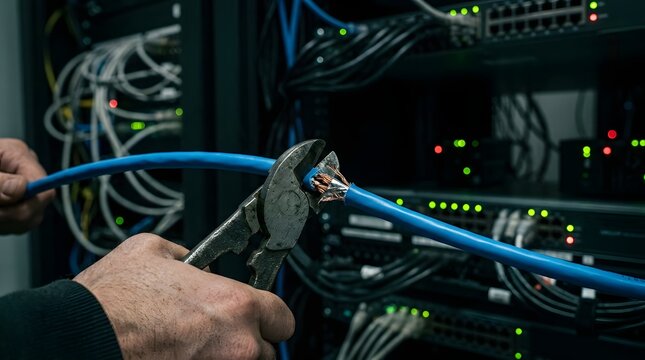 Technician Cutting Blue Ethernet Lan Cable with Pliers Tool in Front of Server Rack Data Center