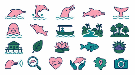 Colorful flat icons of marine life and nature elements. © biang