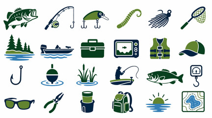 Colorful fishing and outdoor adventure icons set. © biang