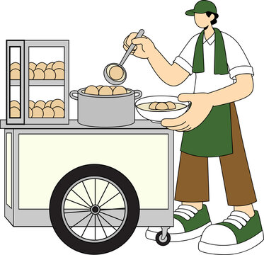 A vendor serves food from a mobile cart. The vendor wears a green cap and apron. The cart has a display of food items and a pot of food being served into a bowl.