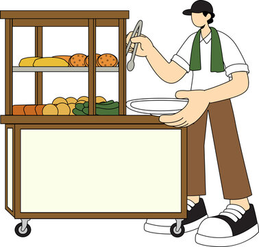 A man serves food from a mobile cart, holding a plate and tongs. The cart is filled with bread and other food items displayed on shelves. He is wearing a cap, a shirt, and trousers.