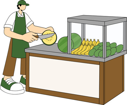 A vendor is preparing fresh fruit at a stall, slicing a kiwi. The stall is stocked with a variety of colorful fruits, including bananas, kiwis, and watermelons