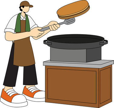 A chef preparing food in a professional kitchen, flipping a pancake on a griddle, symbolizing culinary expertise and restaurant service