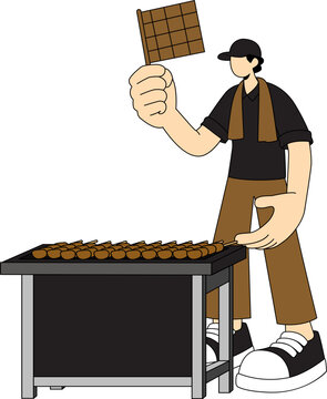 A person stands by a grill with many skewers of food, holding a checkered flag in their hand