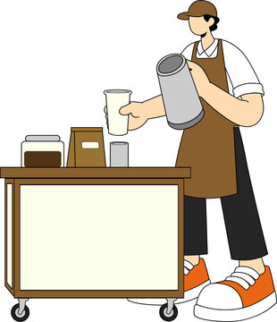 A barista preparing a drink behind a counter. The barista is wearing an apron and a cap, holding a cup and a container. There are various supplies on the counter.Cartoon Vector Illustration of a Smili