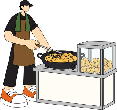 Street food vendor cooking at his stall, preparing delicious snacks for customers