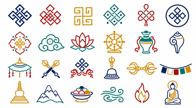 Colorful Tibetan Buddhist Symbols and Icons Collection.