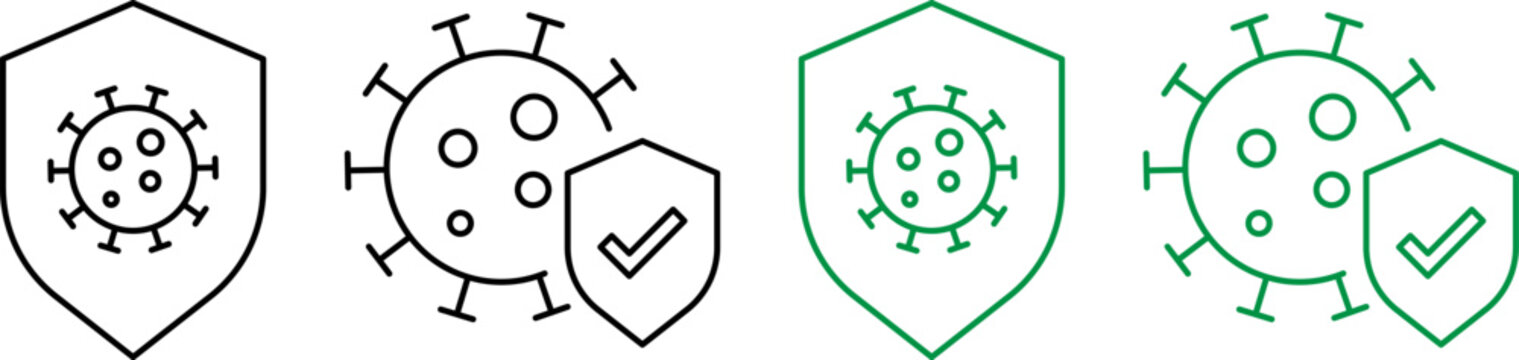 Virus protection icons with shields. Medical immunity symbols for health safety.