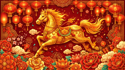 Fototapeta premium Golden running horse 2027 chinese new year festive floral background