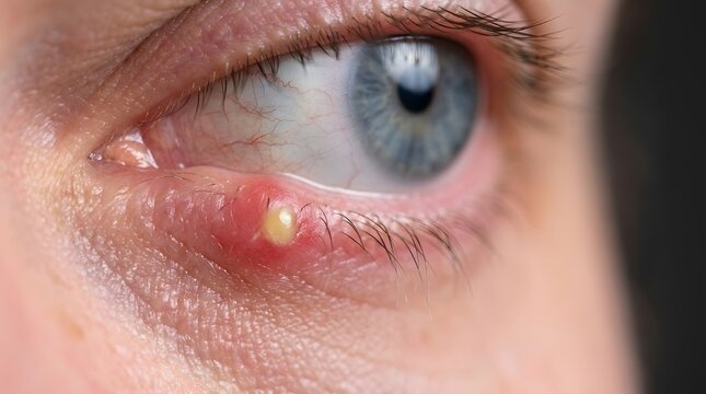 Macro shot of human eye with infected painful stye bump on lower eyelid needing medical treatment