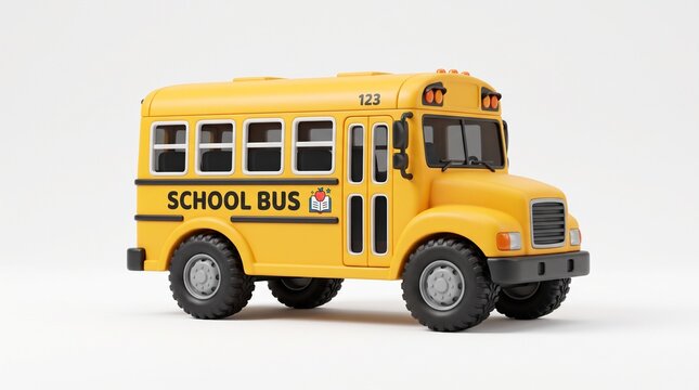 Yellow toy school bus vehicle model isolated on white background with black text with text windows transportation playground mechanical education