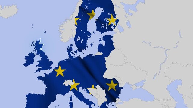 Animated map of Europe highlighting European Union with EU flag and United Kingdom with Union Jack flag symbolizing Brexit