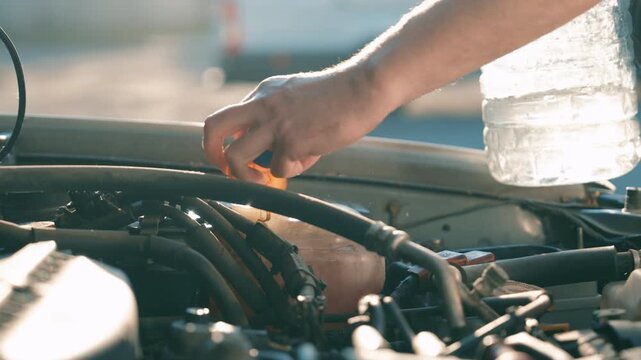 Man Hand Closing Car Windshield Washer Fluid Cap | Close Up Engine Bay After Refilling Under Hood | Slow Motion Auto Maintenance