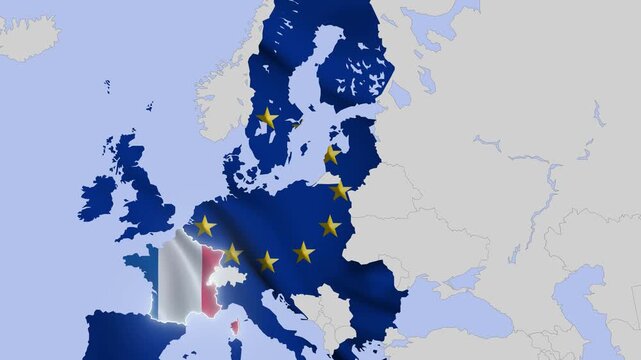 Animated map of Europe highlighting European Union with EU flag and France with French tricolor flag symbolizing Frexit concept