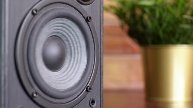 Loudspeaker vibrating with powerful bass music. Close-up of a vibrating speaker cone playing loud music with a deep bass frequency. The black woofer pumps in and out, creating powerful sound waves