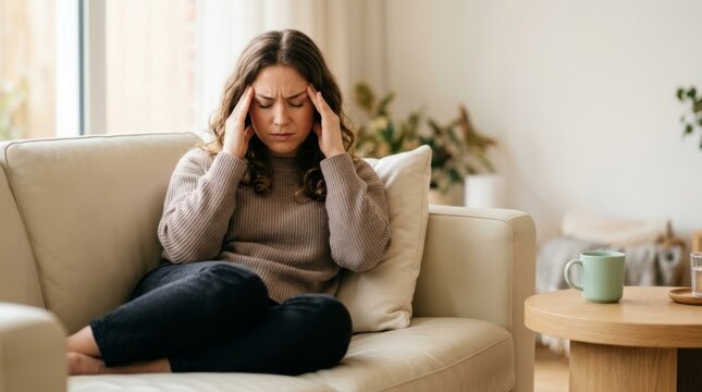 Woman experiencing headache on sofa in minimalist apartment, natural light, copy space