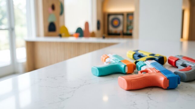 Colorful water pistols arranged on a marble countertop, ideal for children's play and summer fun with ample copy space