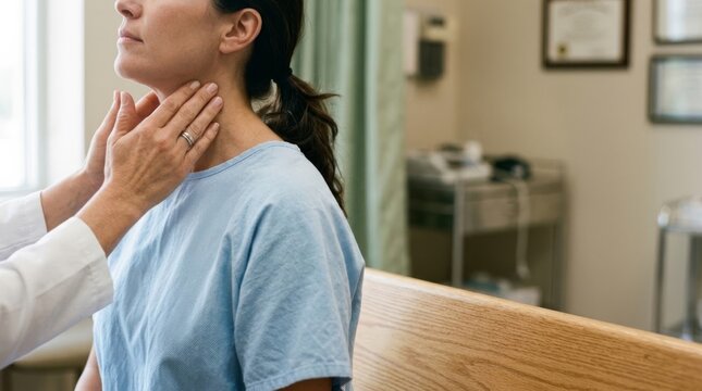 Doctor examining patient's neck for lymph nodes in a clinic, focusing on healthcare and medical checkup