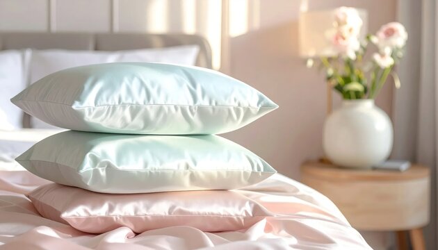 Soft pastel colored pillows on bed.