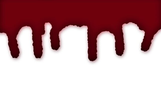 Thick dark red blood dripping on white background with shadow, horror Halloween overlay. Creepy crime scene, gothic vampire theme. Crimson fluid liquid paint running down bright white surface.